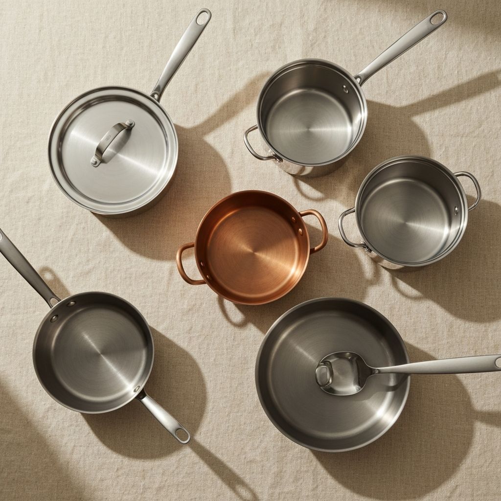 Williams Sonoma cookware collection overview — pots and pans flat lay on linen