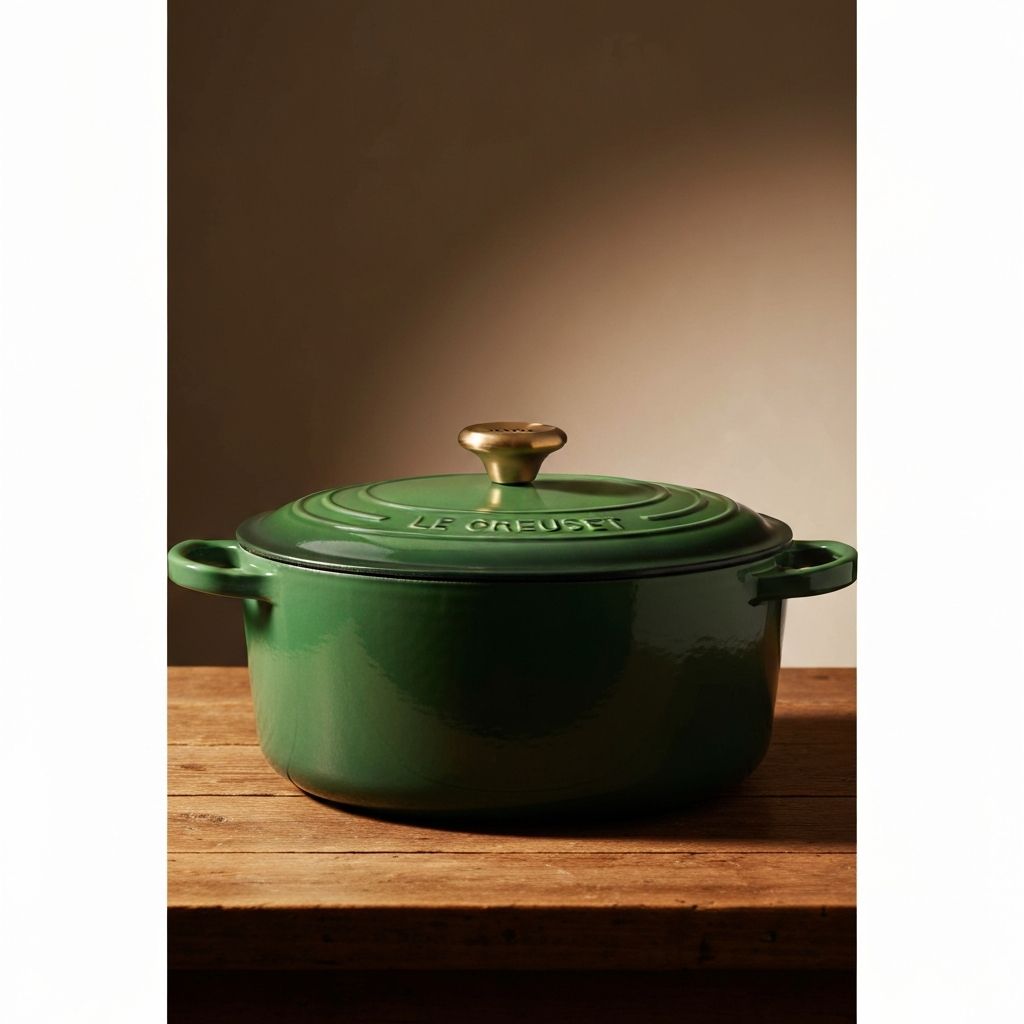 Le Creuset Forêt 5.5-Qt Dutch Oven in matte green with gold hardware — 2026 Williams Sonoma exclusive